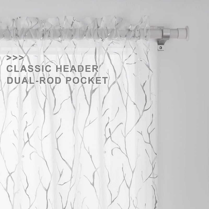 FINECITY Sheer White Curtains 96 Inches Long - Silver Tree Branch Print Sheer Curtains for Living Room Rod Pocket Tree Pattern Sheer Window Curtains 2 Panels, 52 x 96 Inch, 1 Pair, Silver and White - Image 3
